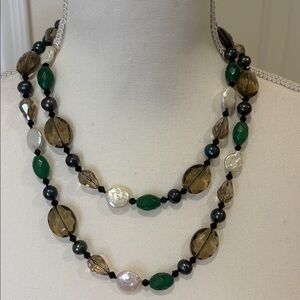 Multi stone jewellery necklace pearls/grey/green/black 40” long